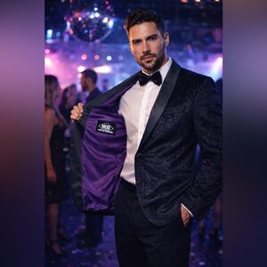 MOD Paisley Velvet Tuxedo Blazer Charcoal Lapel Purple Lining Men’s M 40R